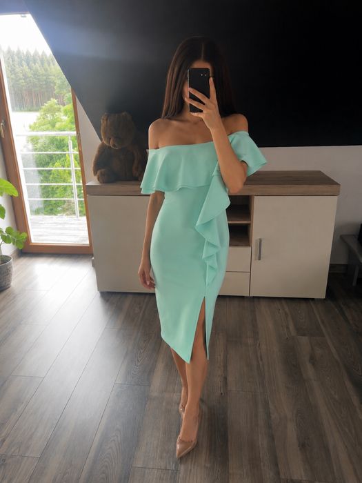 Sukienka ASOS mietowa hiszpanka elegancka z falbaną 34 XS