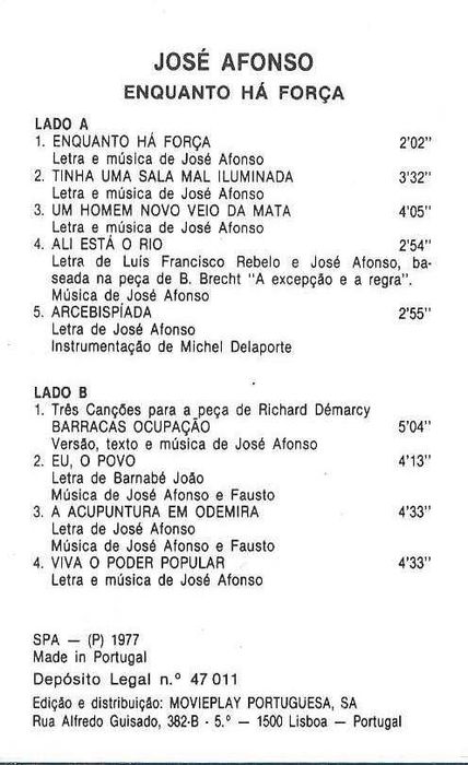 José Afonso	- - - - -		Enquanto Há Força	- - - - -	K7