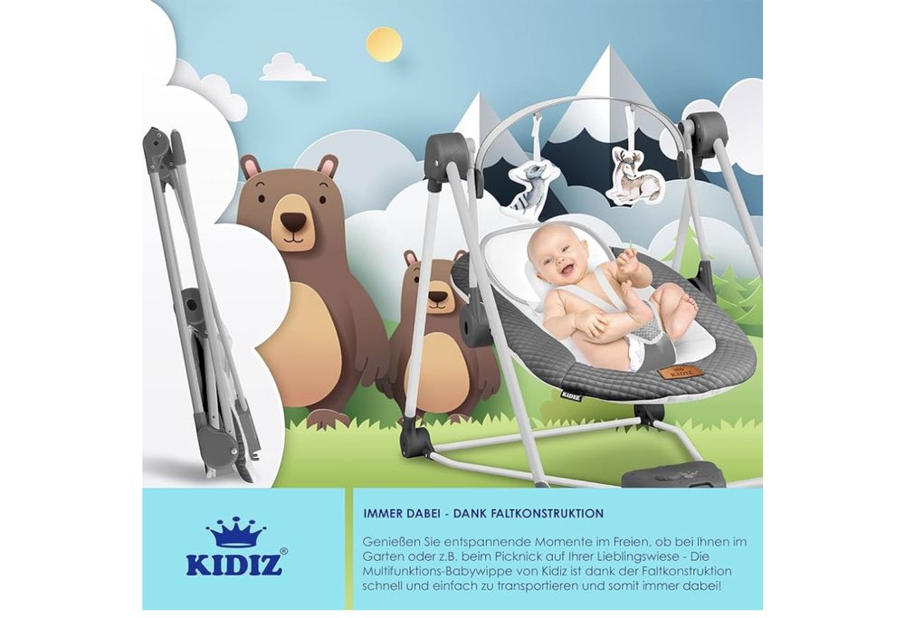 KIDIZ® Huśtawka dla niemowląt z 5 ustawieniami prędkości, składana