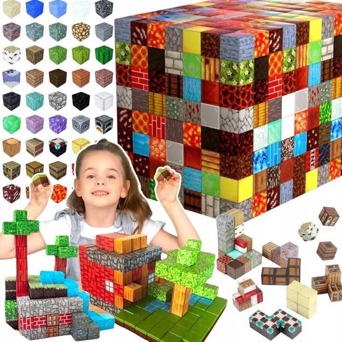 Klocki Magnetyczne MINECRAFT Sześciany 100 Elementów Piksele 6 Figurek