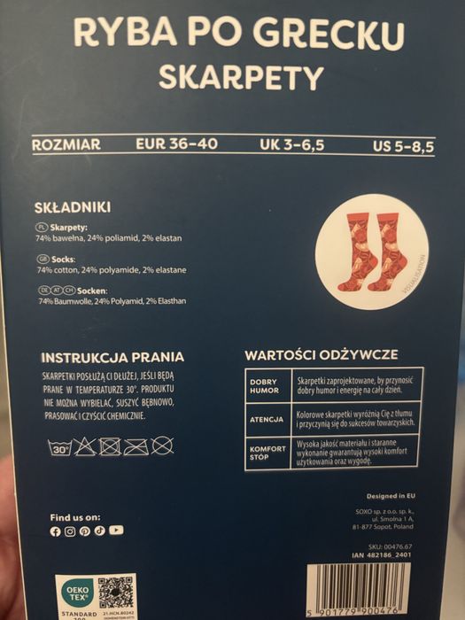 Skarpetki unisex ryba po grecku SOXO pomysłowy prezent 36-40