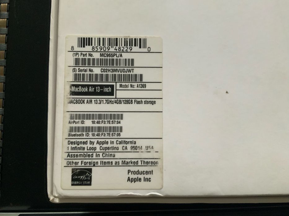 Uszkodzony macbook air a1369 dysk 128gb 4gb ram