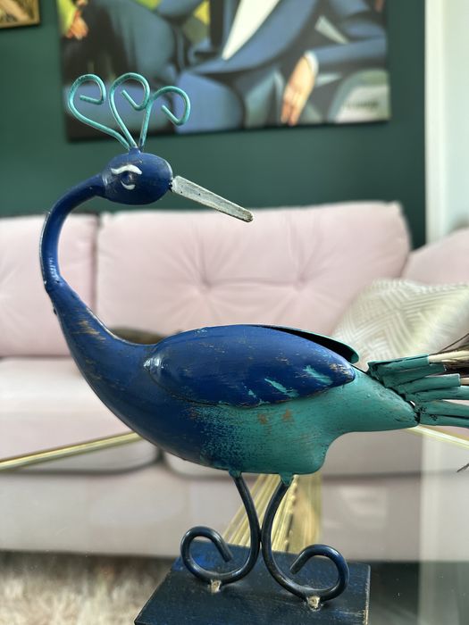 Piękny paw art deco, rzeźba, figura pawia, metaloplastyka