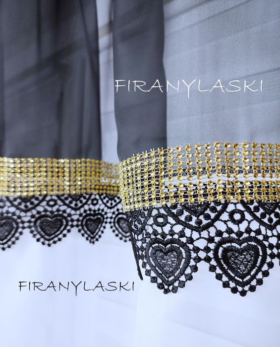 Firana Gotowa 400x150 biało czarna złote cyrkonie