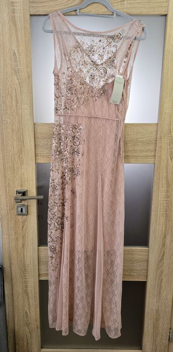 Next długa koronkowa sukienka pudrowy róż przyjęcia rozmiar 40 UK12 L