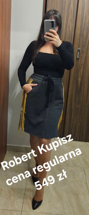 Szara spódnica Robert Kupisz frędzle lampasy