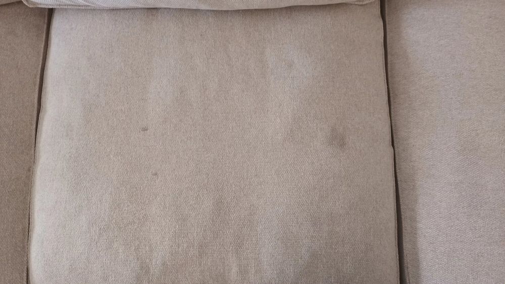 Sofá de canto bege, gato preto