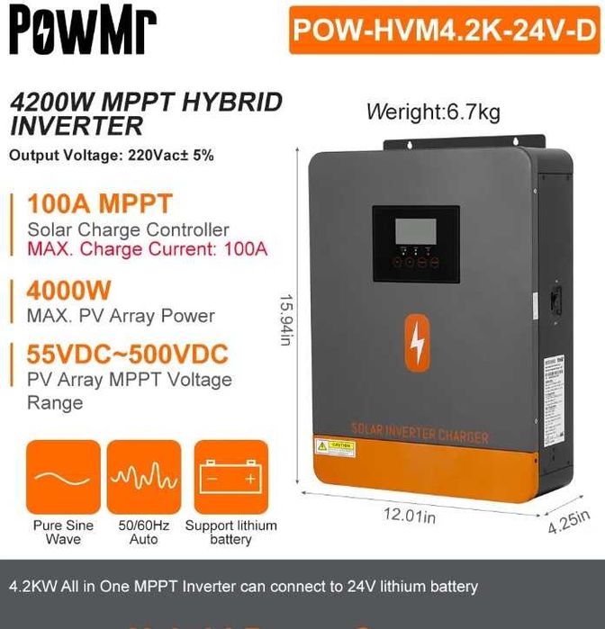 Гібридний Сонячний Інвертор. PowMr 4,2kwt 12/24v MPPT100A 220v + акуми