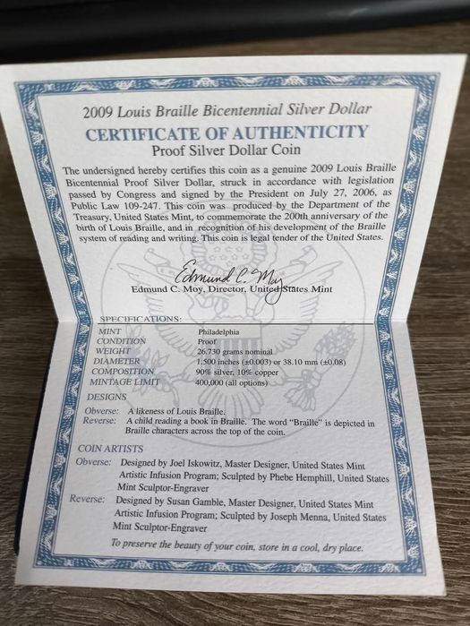Срібний американський долар Луїс Брайль. СРІБЛО. Сертифікат!
