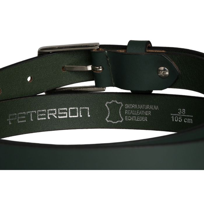skórzany, zielony pasek damski ze srebrną, klasyczną klamrą