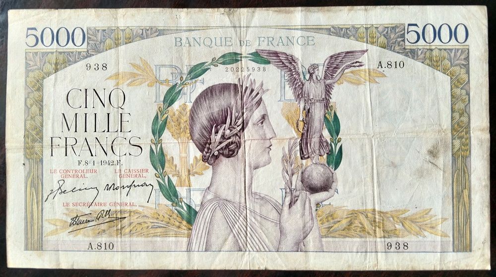 Nota 5000 Francos 1942 França Excelente Estado Rara