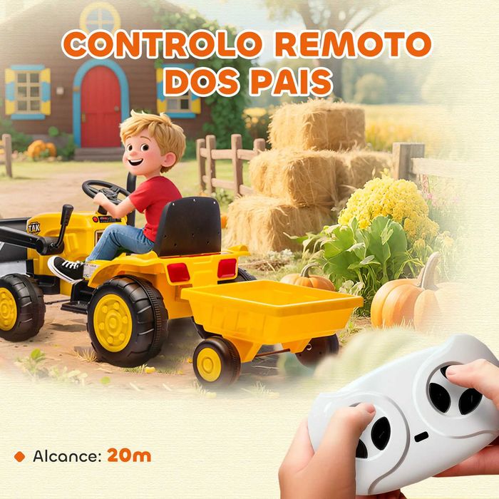 Trator Elétrico para Crianças com Reboque e Pá 12V Motor Duplo