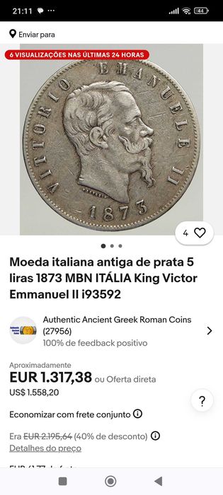 Moedas Antigas 5 Liras Itália séc XIX 1973/4