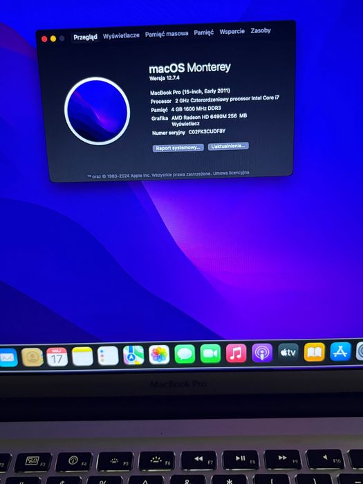 MacBook Pro 15' A1286 i7 8Gb ram 256 Gb ssd zasilacz