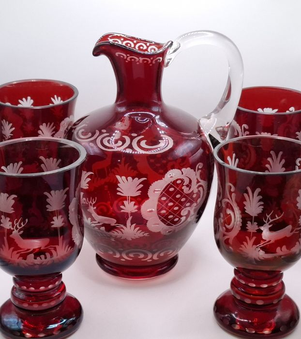 Rubinowe szkło ALFRED TAUBE- dzbanek + 4 kielichy