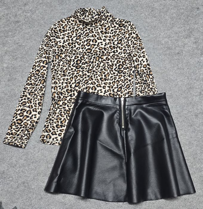 H&M skórkowa spódniczka+ golf w panterkę rozm.134