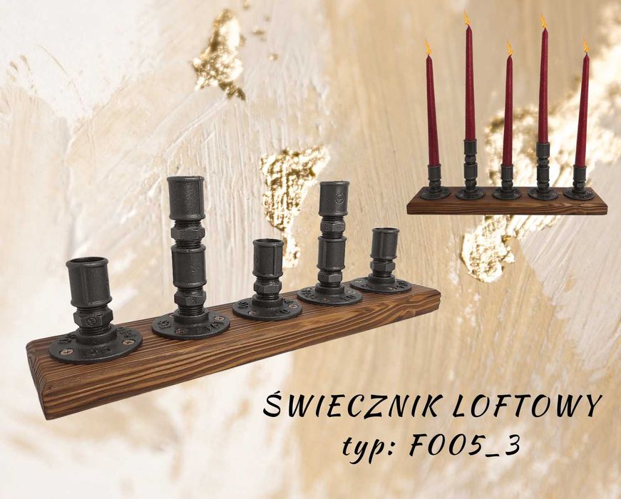Świecznik loftowy – rękodzieło | dekoracja loft - typ: F005_3
