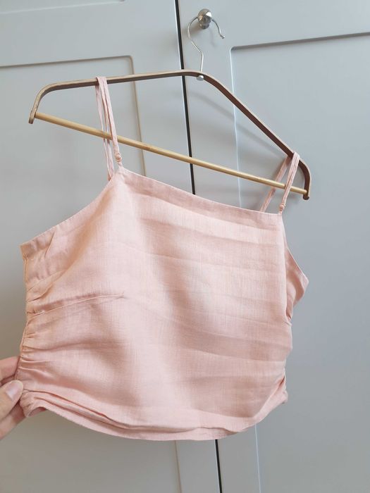 Lniana wiązana krótka bluzka crop top H&M 38 100% len