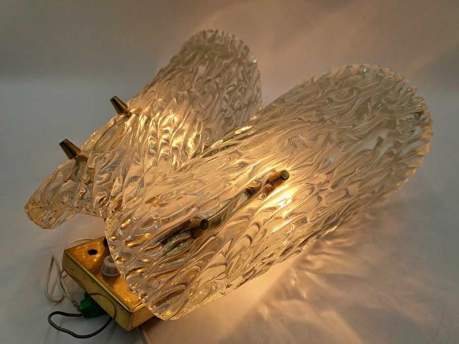 Kinkiet mosiężny Kalmar 2 płaty lodowe szkło Austria vintage Ice Glass