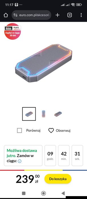 Szuflada obudowa do dysku M.2 SSD NVMe/SATA 10Gbps RGB super świeci