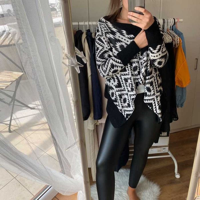 Sweterek narzuta czarny biały New Look rozmiar M kardigan boho