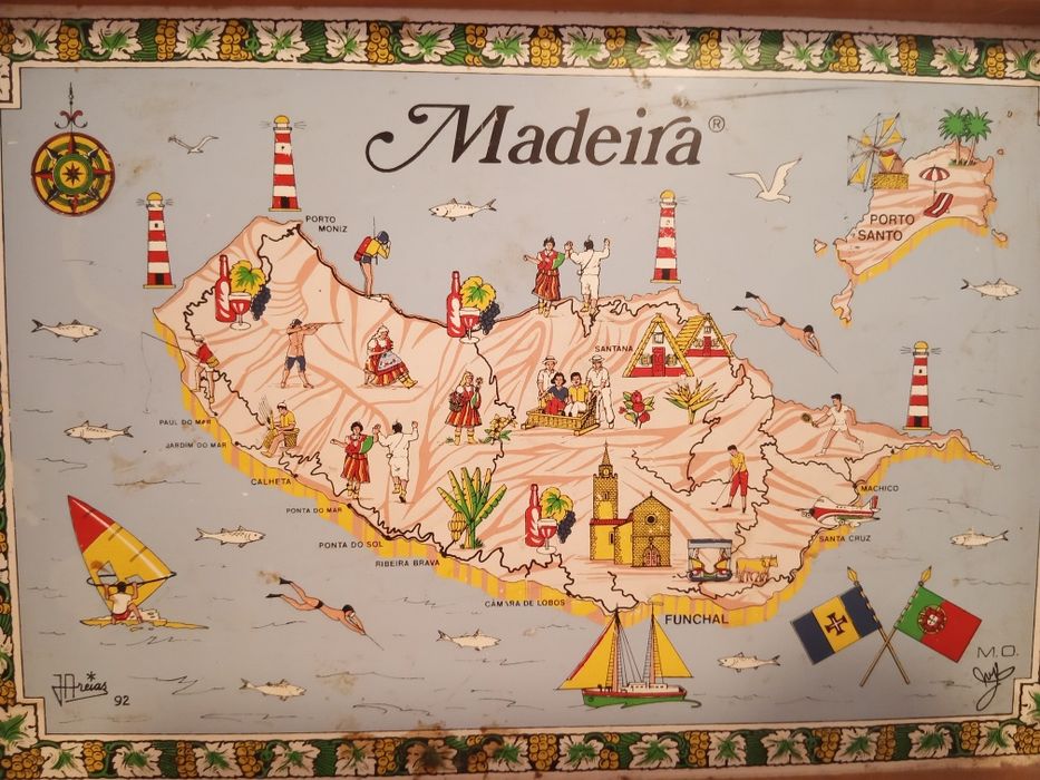 Bandeja/tabuleiro em madeira mapa Ilha da Madeira raro antigo