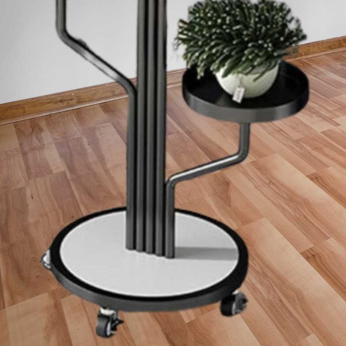 Metalowy kwietnik z 5 półkami na kółkach, czarny, okrągłe talerze