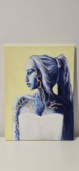 Obraz niebieski kobieta kintsugi  30x40cm portret abstrakcja