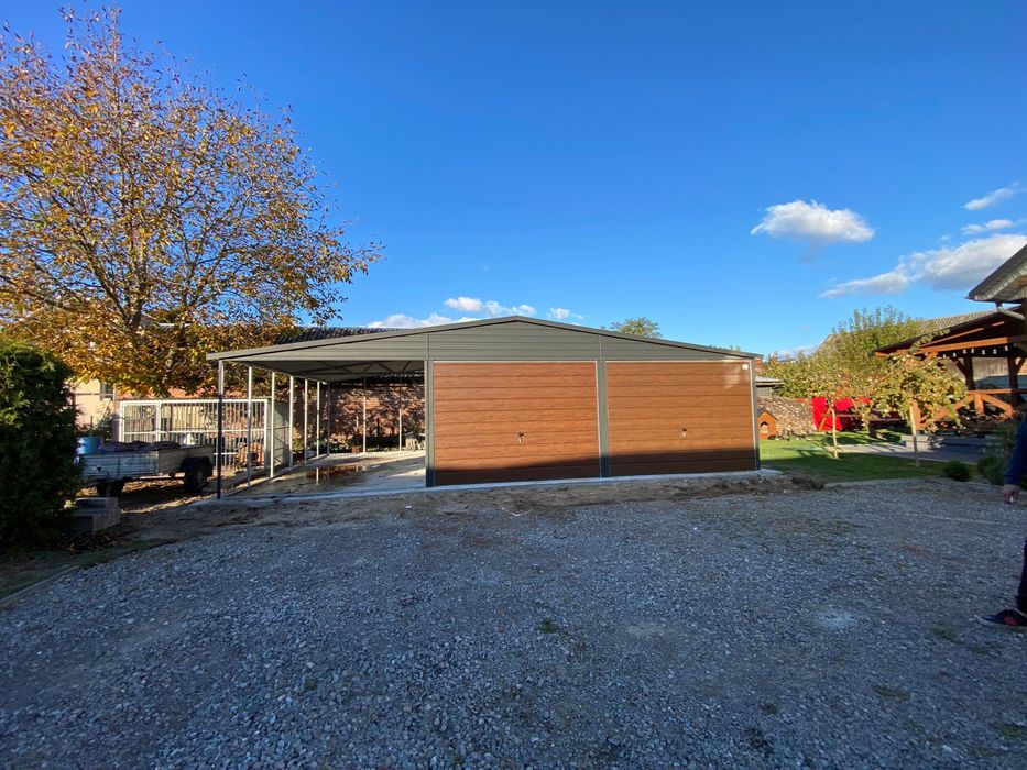 Garaż blaszany 6x6 plus wiata 3x6, antracyt, grafit mat. PRODUCENT.