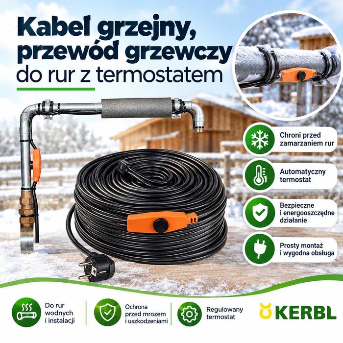 Kabel grzejny, przewód grzewczy do rur + termostat KERBL