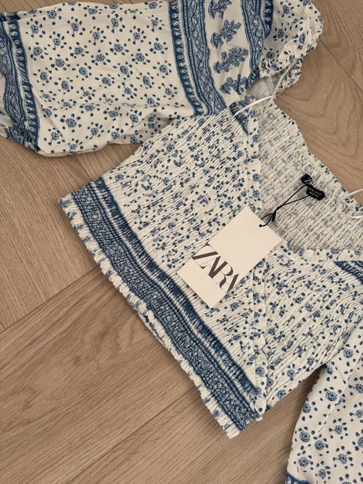Zara krótka bluzka biala niebieska w stylu greckim bufiaste rękawy