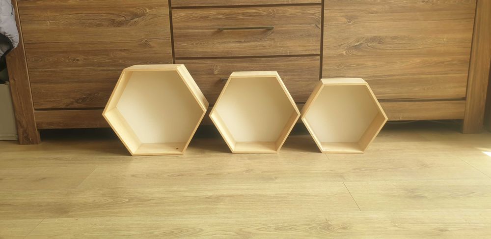 Półki 3 szt ścienne modulowe heksagon zawieszane trapez trapezowe romb 3w1 poleczka polka poleczki zestaw polek