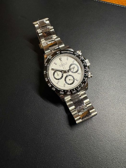 Relógio Cronografo Parnis 39mm Preto / Branco