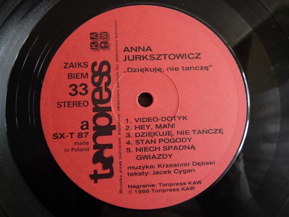 Anna Jurksztowicz - Dziękuję, Nie Tańczę (Winyl) 1987 Tonpress