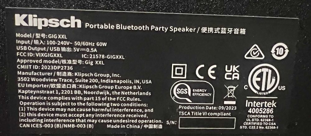 Bluetooth колонка акумуляторна 100Вт	Klipsch GIG XXL нова США оригінал