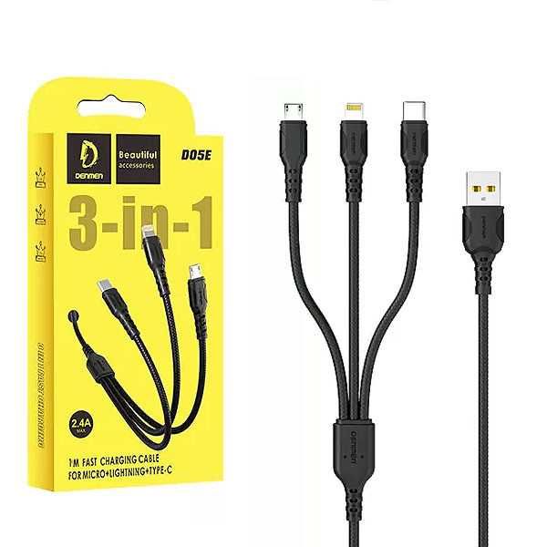 Denmen Kabel 3w1 USB - Typ-c microUSB Lightning 1m QC3.0 Czarny