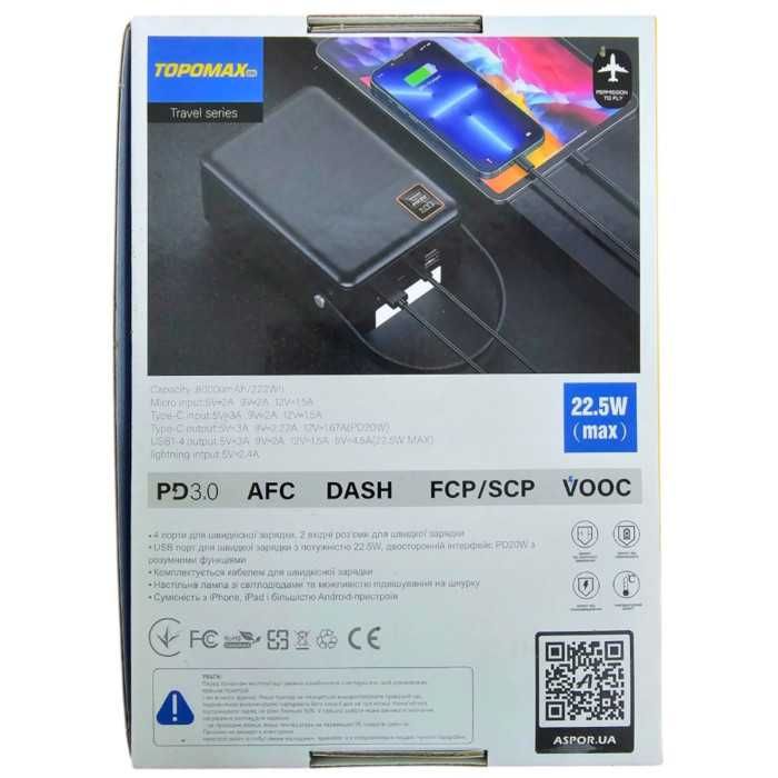 Реальна ємність‼️ Повербанк 80000mAh Topomax Power Bank Fast Charging PD QC 22.5W