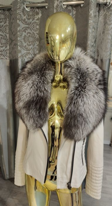 Skórzana perłowa kurtka z kołnierzem silver fox