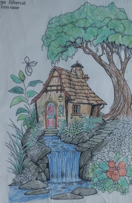 Casa com cascata pintada a lápis de cor