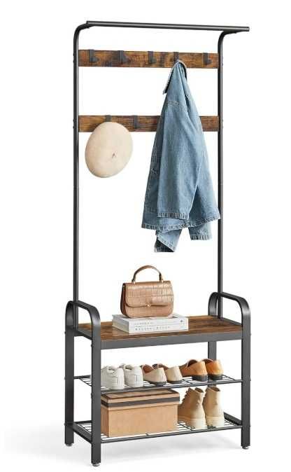 Stojak na ubrania z półką na buty siedziskiem 3 półki vintage wieszak