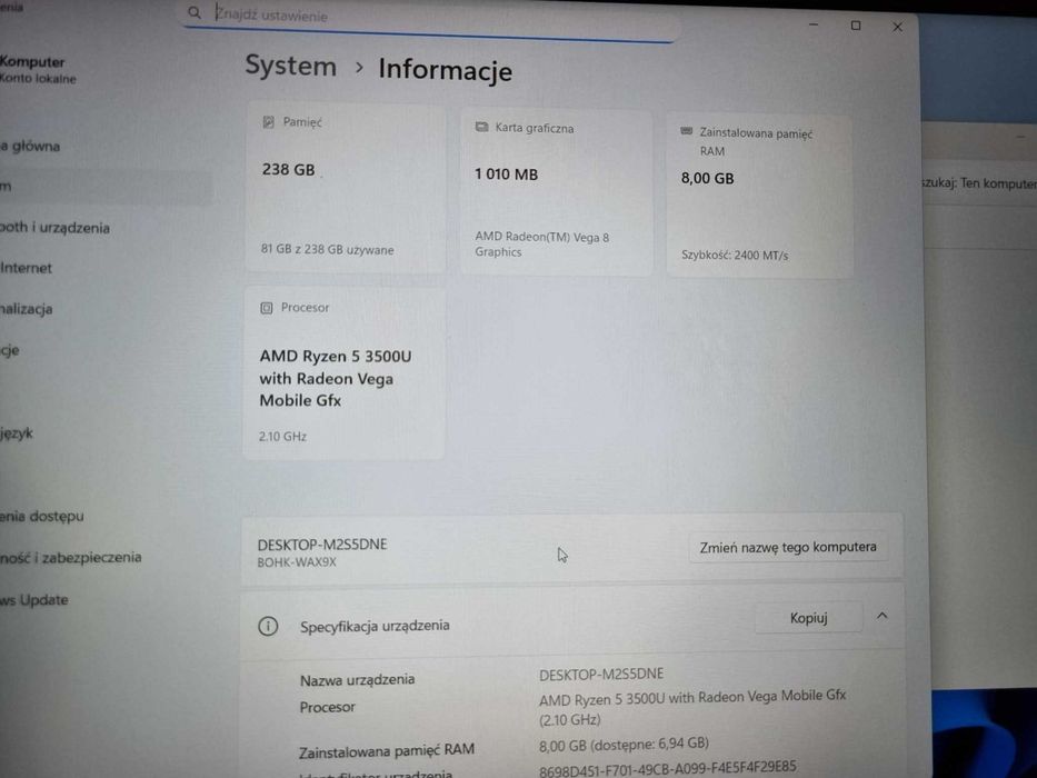 Huawei D15 R5 3500U, 8GB RAM, 238GB ROM.