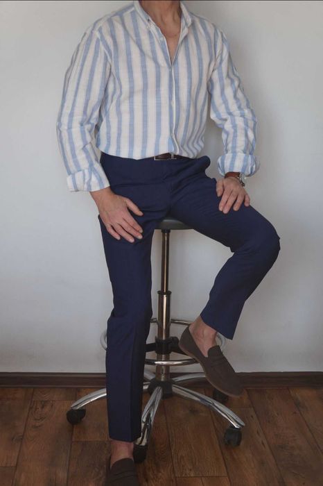 Letnia Koszula Slim Fit Smog w Błękitne Paski | Rozmiar L | Stan Idealny
