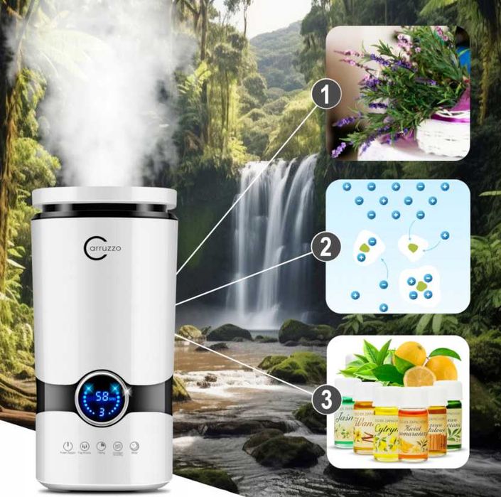 Nawilżacz Powietrza Automatyczny + Aromaterapia 3w1 + 12 Olejków Filtr