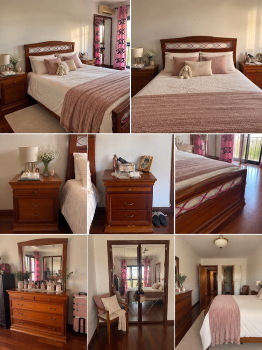 Conjunto de quarto em cerejeira  – cama, 2 mesas de cabeceira e cómoda com espelho