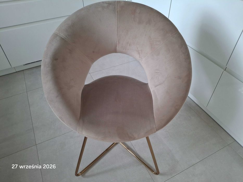 Elegancki fotel/krzesło glamour velour - beż ze złotem (stan idealny!)