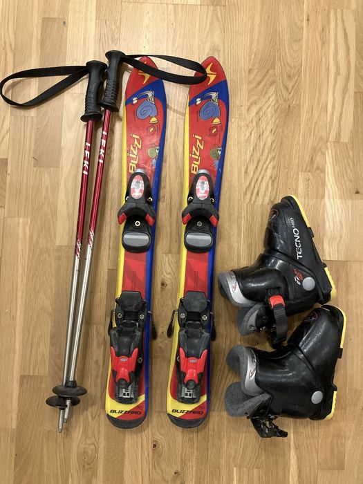 Narty 70cm, buty 16cm, kijki 68cm i odzież na narty 110/116