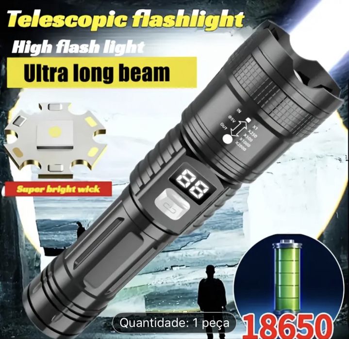 Lanterna Tática LED Profissional - Zoom Telescópico e Display Digital