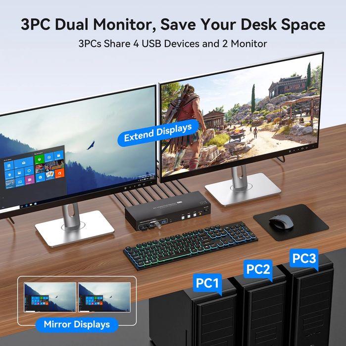 PVBCTCSID Przełącznik KVM 3 PC 2 Monitory HDMI 4K60Hz 2K120Hz