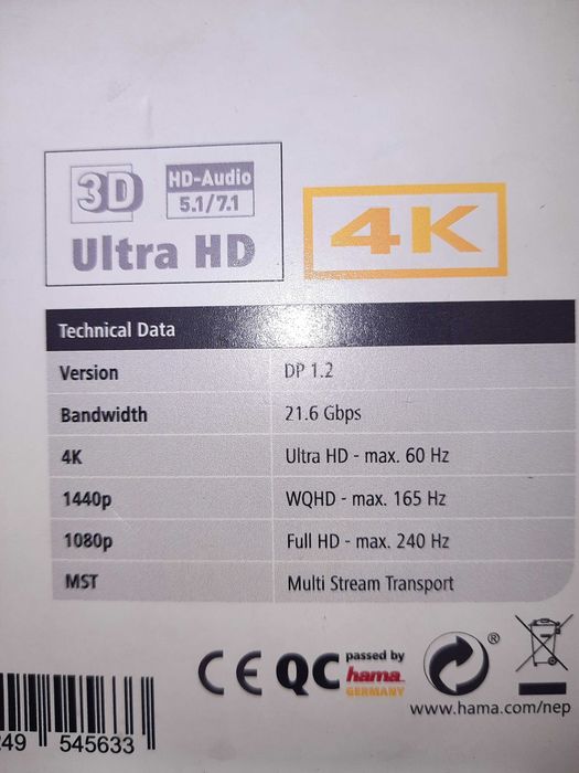 Hama KABEL MINI DISPLAYPORT 3D Ultra-HD 4K / 1,8m. Fabrycznie nowy