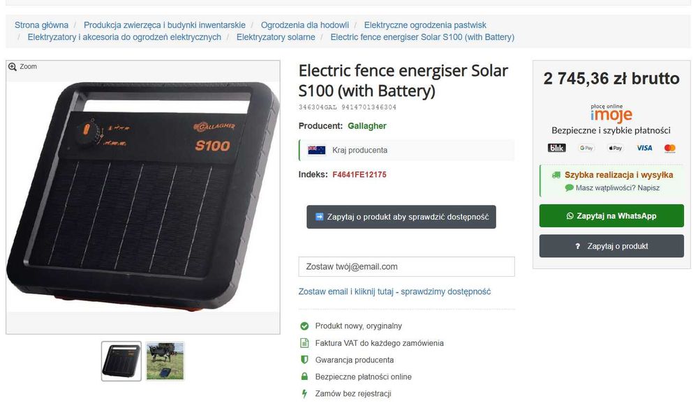 Gallagher S100 PASTUCH solarny zasilacz z akumulatorem 12V